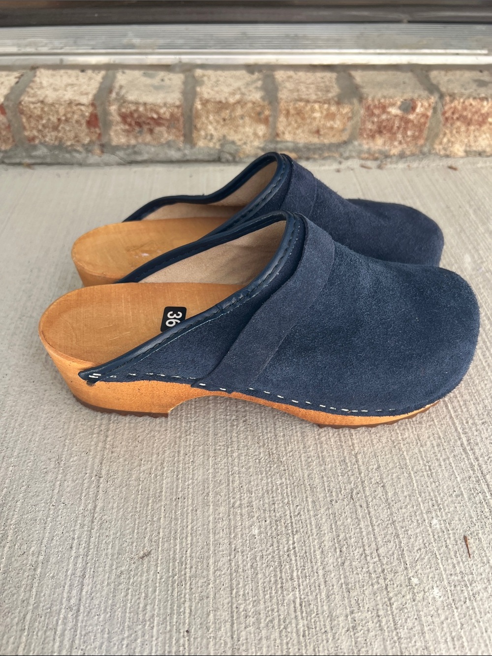 Navy Blue Suede Clogs Wooden Heels - Picture 2 of 8